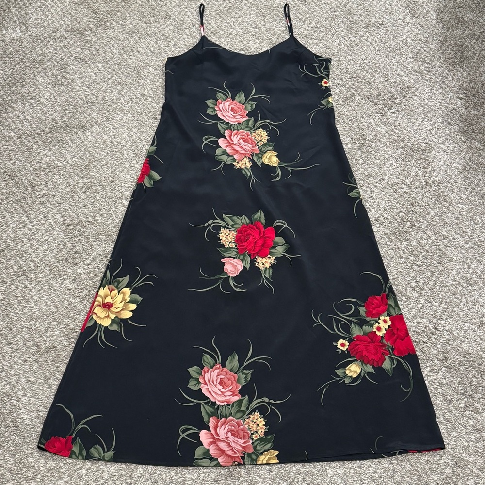 Vintage 90s Zanoni by Jalate Black Floral Maxi Slip Dress Cami USA Size 11